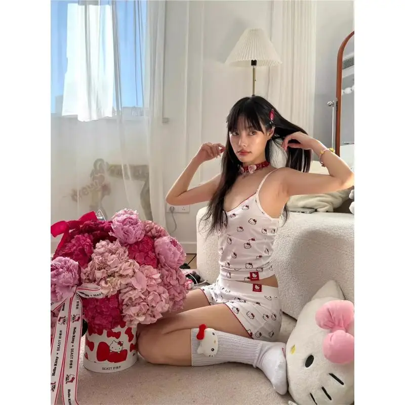 2 шт. пижамный комплект Sanrio, пижамный комплект Hello Kitty Pure Desire, домашняя одежда, шорты на слинге, летняя нагрудная подушка для милых девочек, домашняя одежда