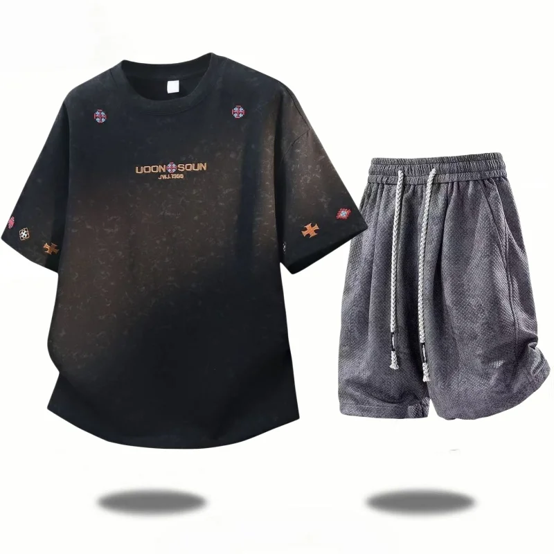 Dyed Short Sleeve T-Shirt Men's Summer New Arrival Trendy Brand Dirty Youth Trendy Shorts Two-Piece Set