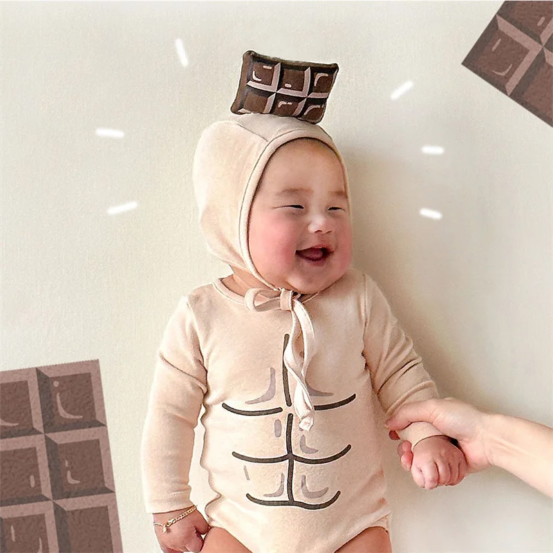 

Newborn Baby Boys Girls Bodysuits Romper Kawaii Chocolate Modeling Toddler Jumpsuits Baby Onesie With Hat Ropa Bebe