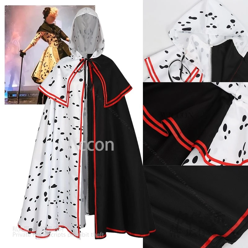 Cruella 코스프레 의상 애니메이션 블랙 화이트 포인트 후드 망토 케이프 무대 공연 의상 성인 여성 할로윈 카니발 파티