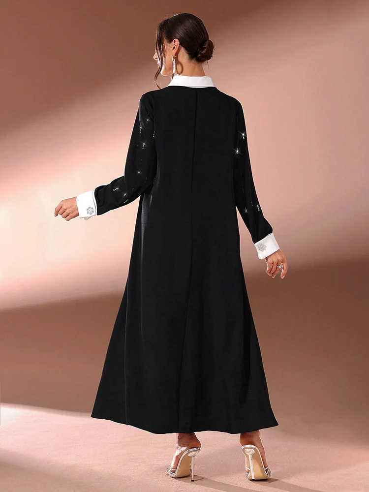 TOLEEN-Women's Diamond Long Sleeve Evening Dresses, Luxury Elegant , Contrast Collar, Abaya, Arabian Party, Spring, Summer, 2024