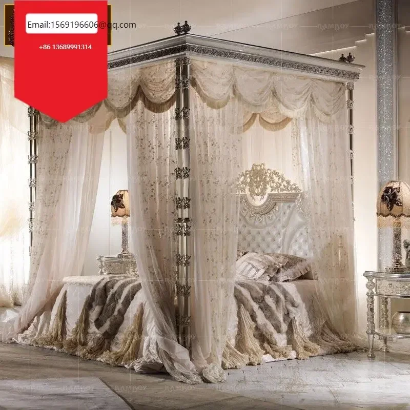 

French luxury double carved princess bed curtain palace luxury shelf European solid wood silver foil bed