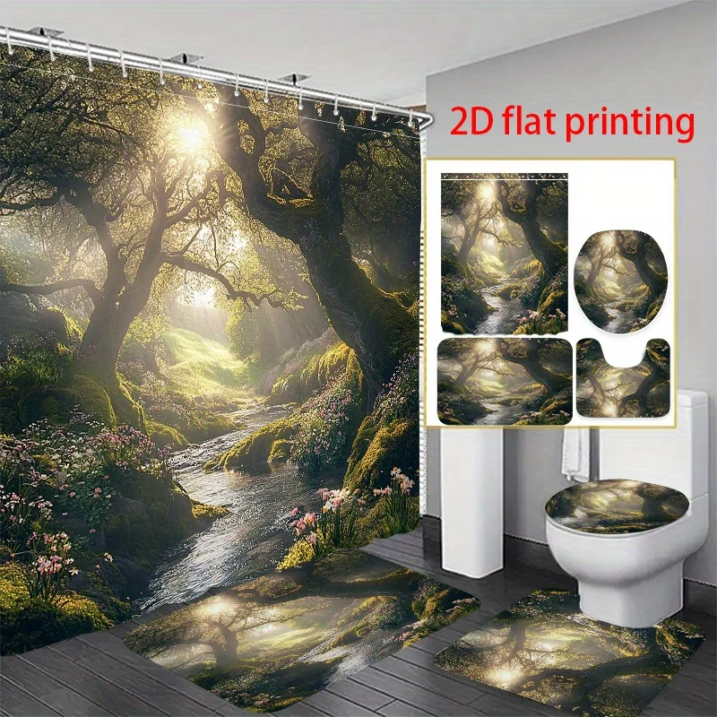 

4 шт., 2D плоская занавеска Hower с принтом, набор занавесок для душа Sunlit Forest Stream с мохом и цветением. Б/у общежития, мотолы