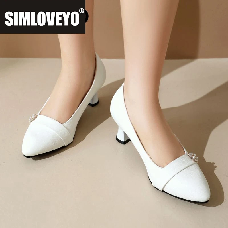 

SIMLOVEYO Brand Office Ladies Pumps Pointed Toe Small Heels 5.5cm Slip On Shallow Plus Size 48 49 50 Women Daily Shoes