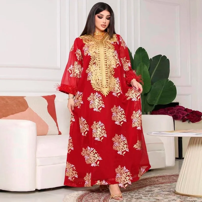 

Muslim Dubai Abaya Islamic Clothes For Women Luxury Wedding Party Evening Gown Floral Embroidery Feather Boho Maxi Dress Bubu