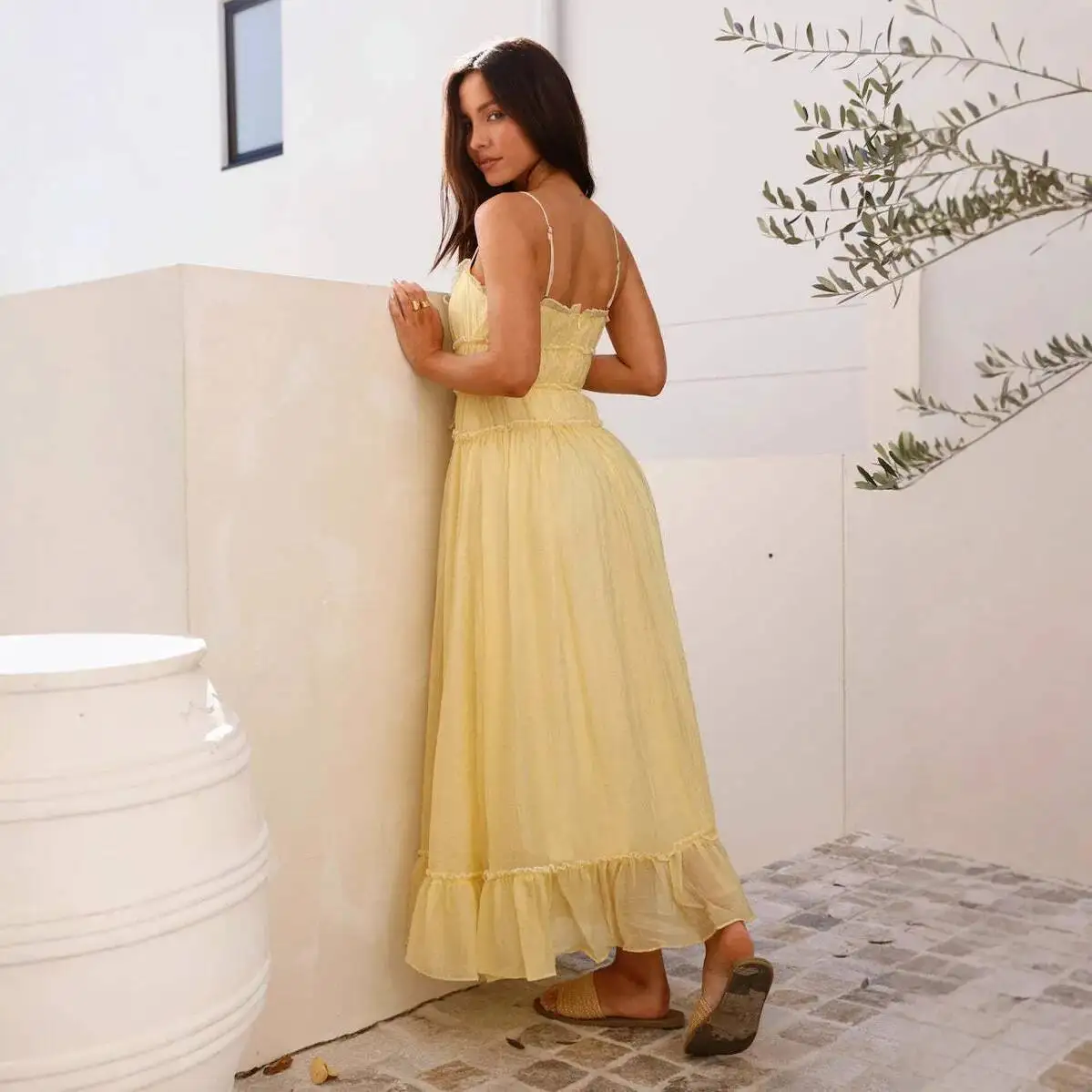 

Spring/Summer A-line Dress, 2026 Casual Vacation Style, Lace Patchwork, High-waisted Strap Dress For Women