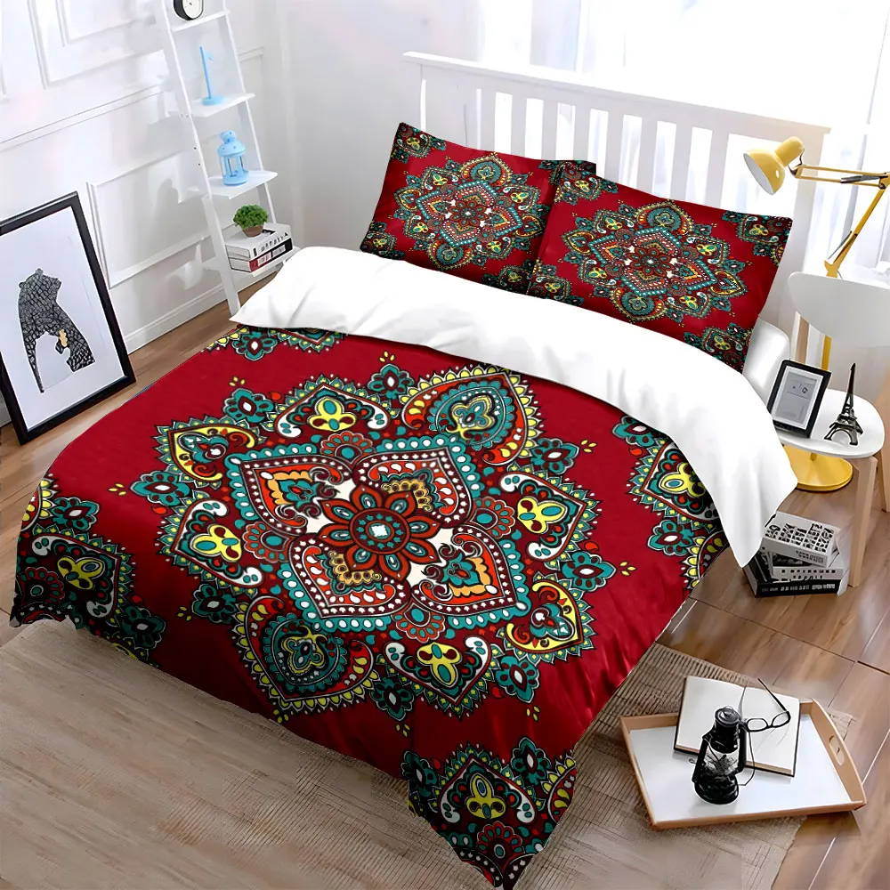 Colorful mandala on red background Print Soft Comfortable Duvet Cover Bedding Set Included 1*Duvet Cover 2*Pillowcases