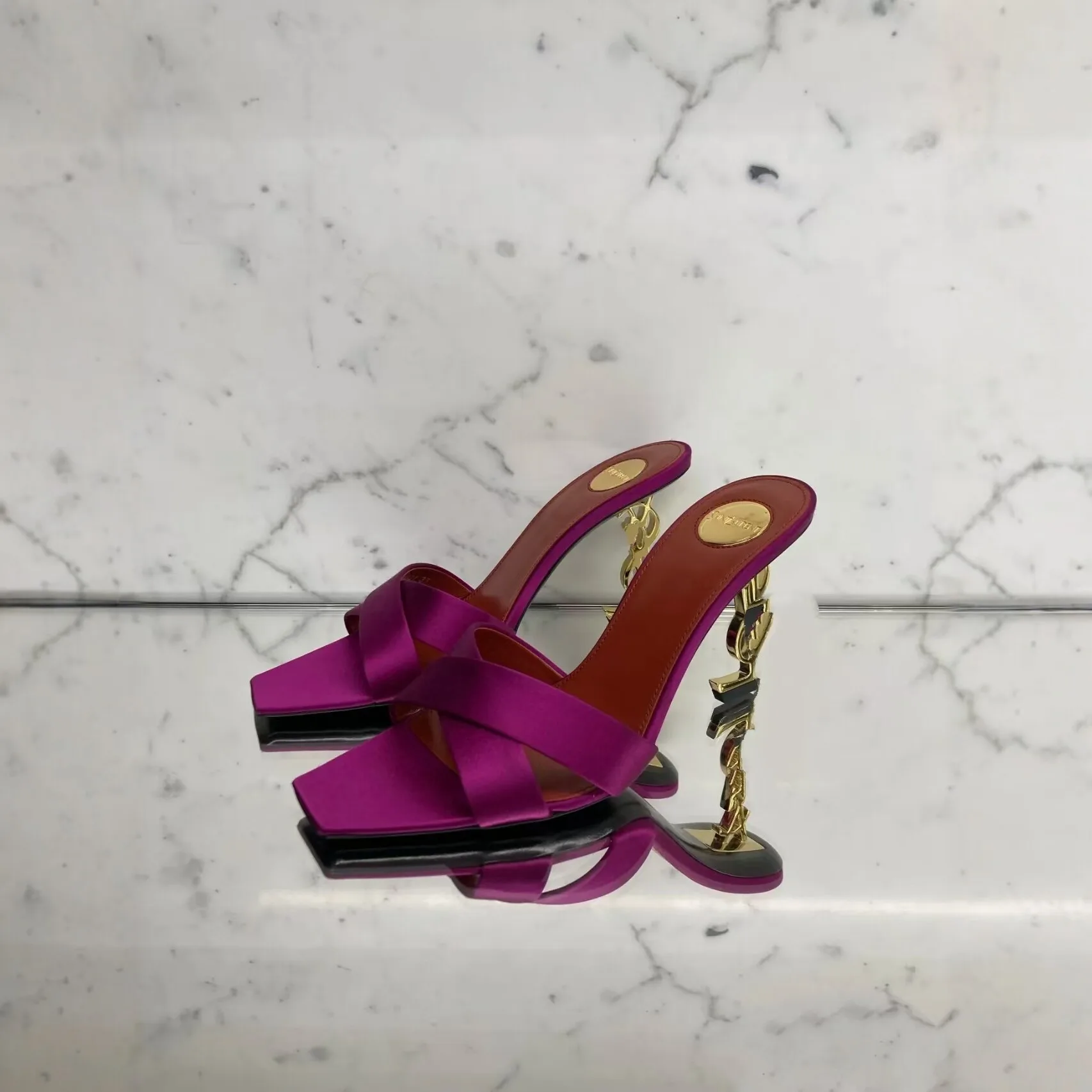 

2026 New Rose Red Silk Sandals With Metal Letters And Square Toe Thin High Heels Fashion Pumps Women Summer Shoes