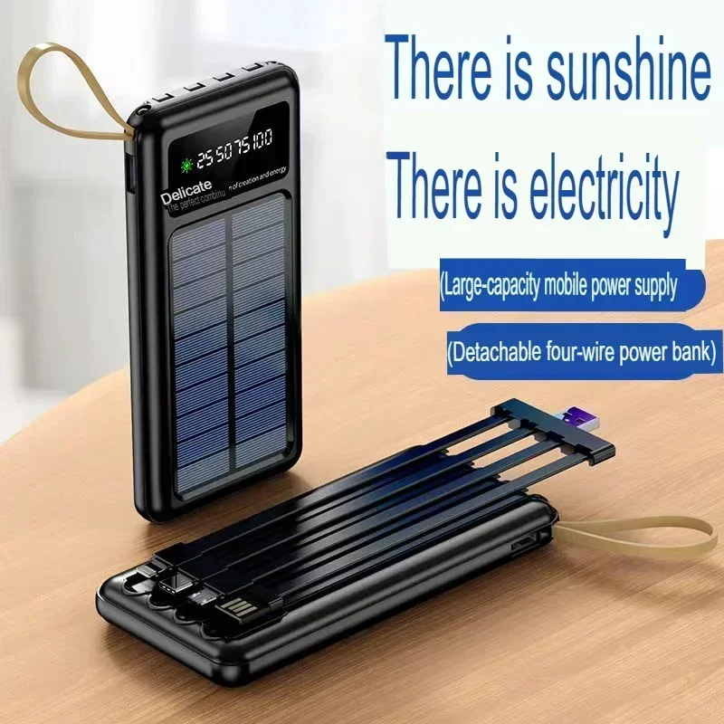 Solar power bank 30000mAh with built-in cable, lightweight and large capacity universal mobile power supply for mobile phones