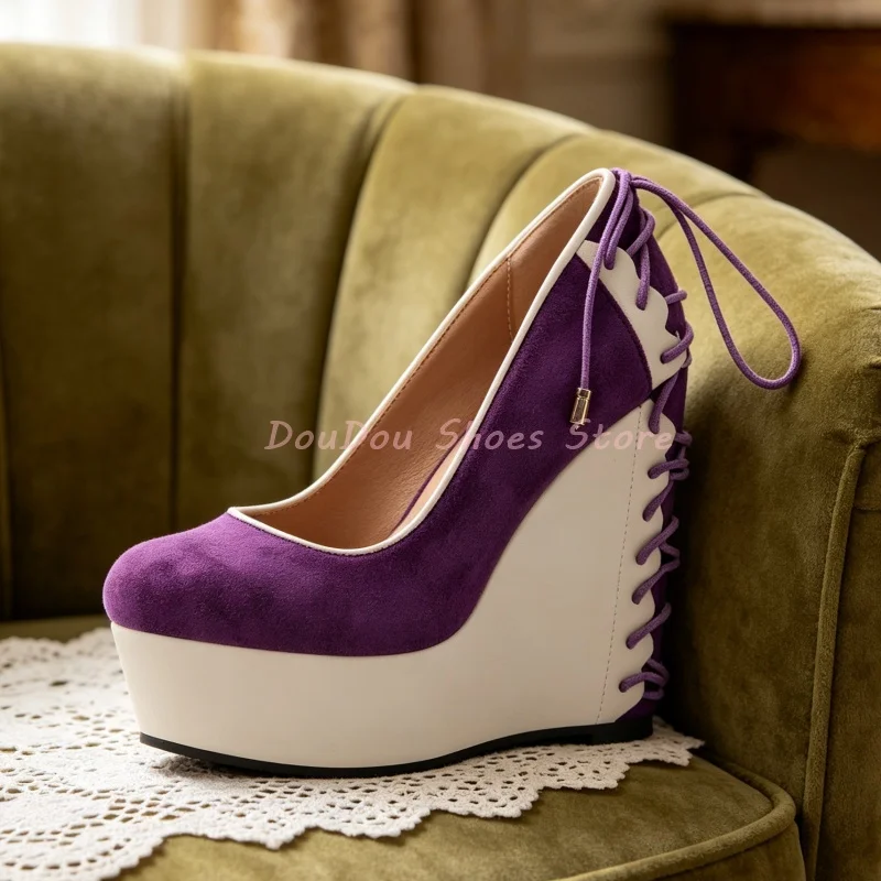 Purple White Suede Slip On Platform Wedge Pumps Women Round Toe Back Lace Up High Heels Fashion Trendy Party Prom Shoe New Style