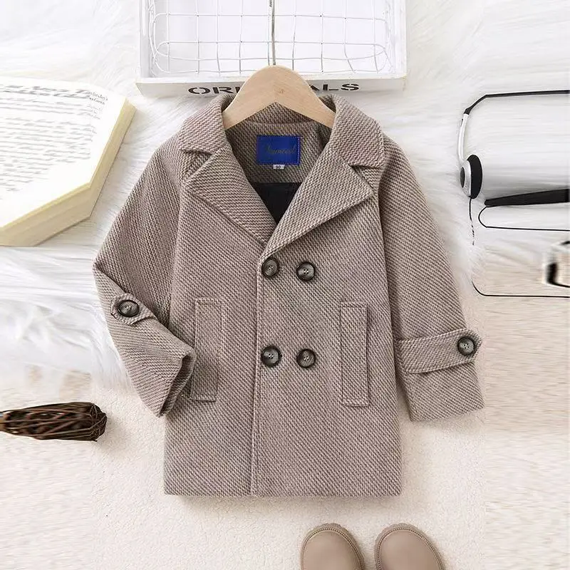 

Двубортное кашемировое пальто для мальчиков, новая зимняя коллекция, свободная шерстяная верхняя одежда средней длины для детей, стильное для весны и осени