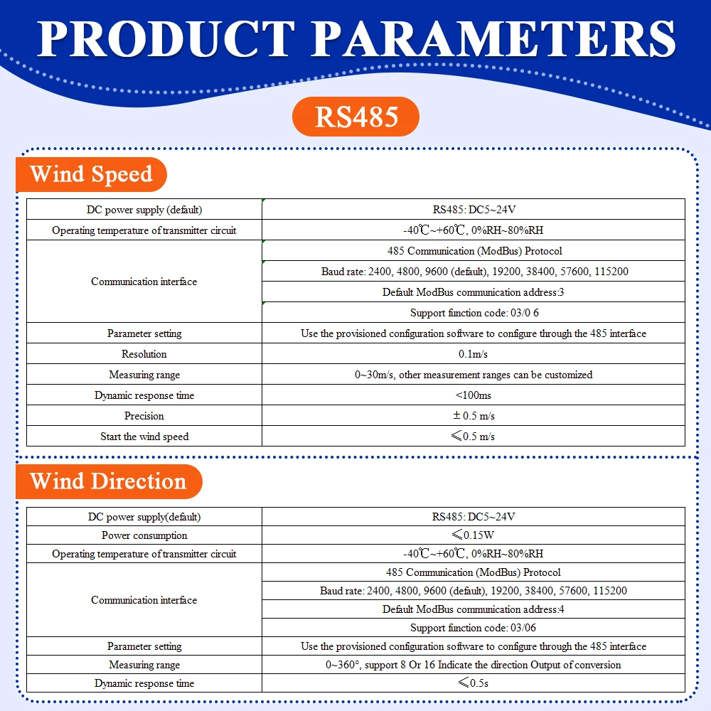 30m/s Weather Station Outdoor 3 Cup Anemometer Sensor Polycarbon Fiber Wind Speed Wind Direction Sensor Output RS485 4-20MA 0-5V