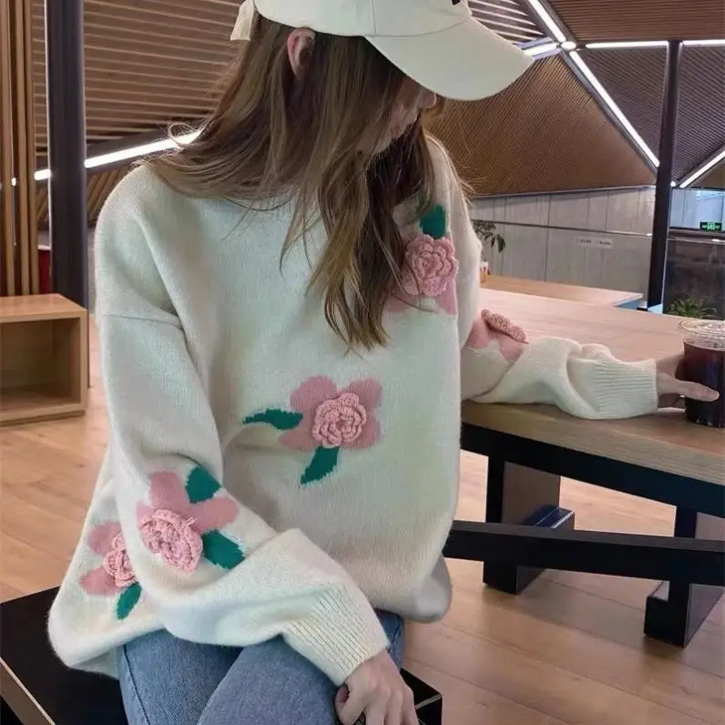 Female Vintage Knitwear Pullovers Preppy Style Women\'s 3D Flower Rose Knit Sweater Autumn Winter Casual Loose Outerwear U1095