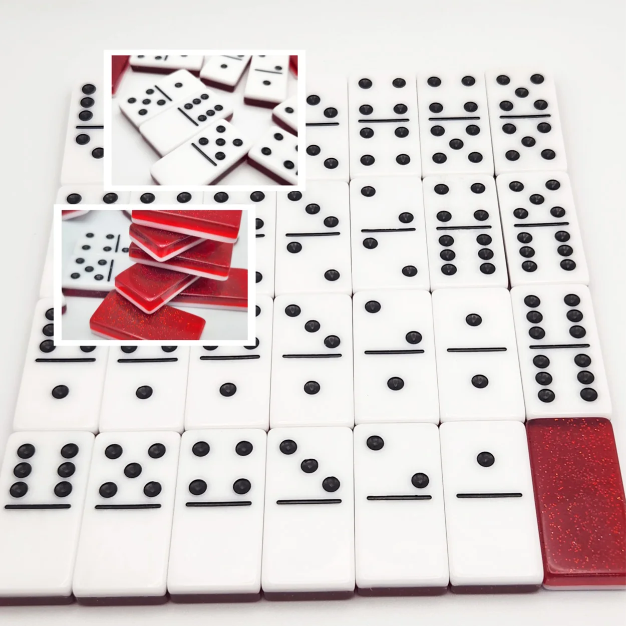 28-piece double-layer design, durable and sturdy domino set, with black and white matching on the front and embedded glitter pieces on the back, practical and beautiful, the preferred prop for family game nights