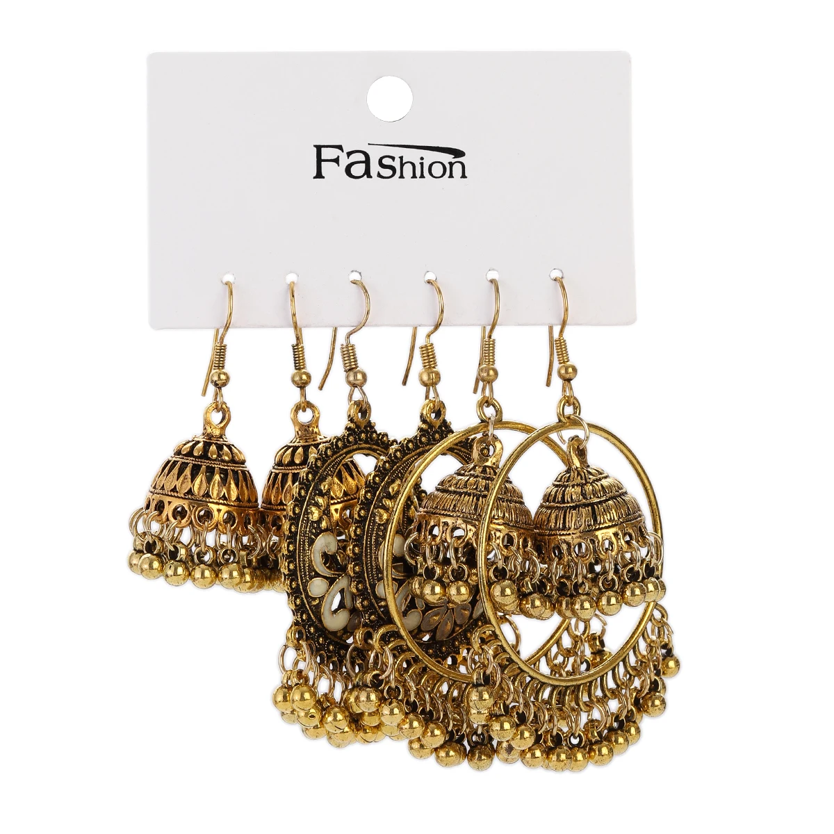 Gold Color Vintage Big Round Earrings Set Antique Carved Flowers Bell Tassel Hanging Earring Sets Bohemia Jewelry Accessories