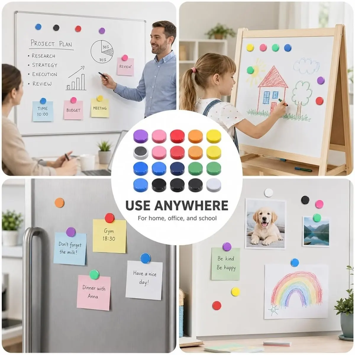 Pack of 50 Fridge Magnets, Colourful, Round Strong Magnets,for Fridge, Whiteboard, Magnetic Board, Locker Pin Board