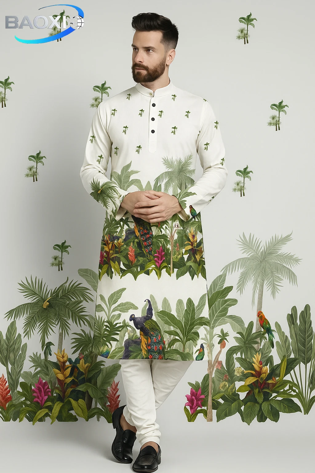 Męska kurta Kurt z nadrukiem, dopasowana, z kołnierzykiem mandaryńskim, długa szata odpowiednia na każdą okazję, takie jak ekskluzywne miejsca weselne.