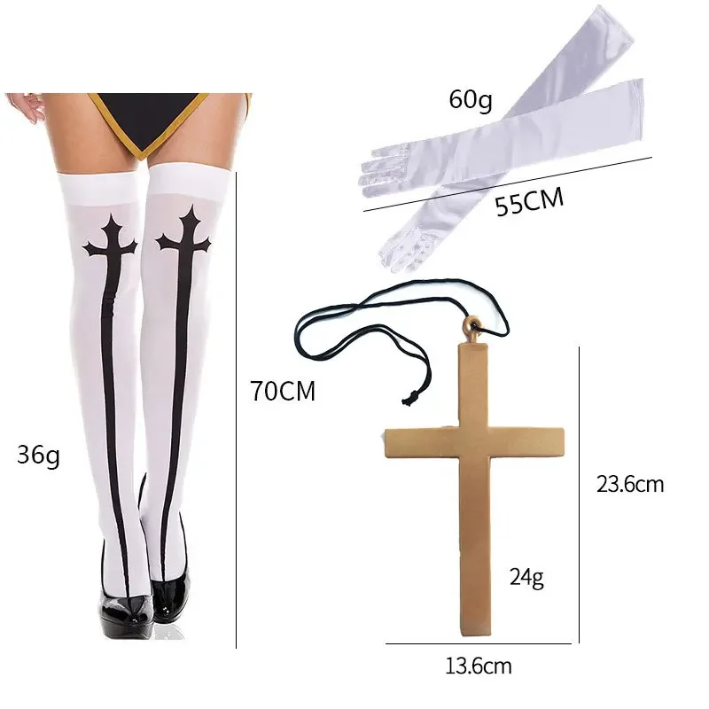 Halloween Nun Cosplay Costume Accessory Set with Catholic Nuns Costumes Hat Pendant Necklace Print Thigh High Socks Nun Collar