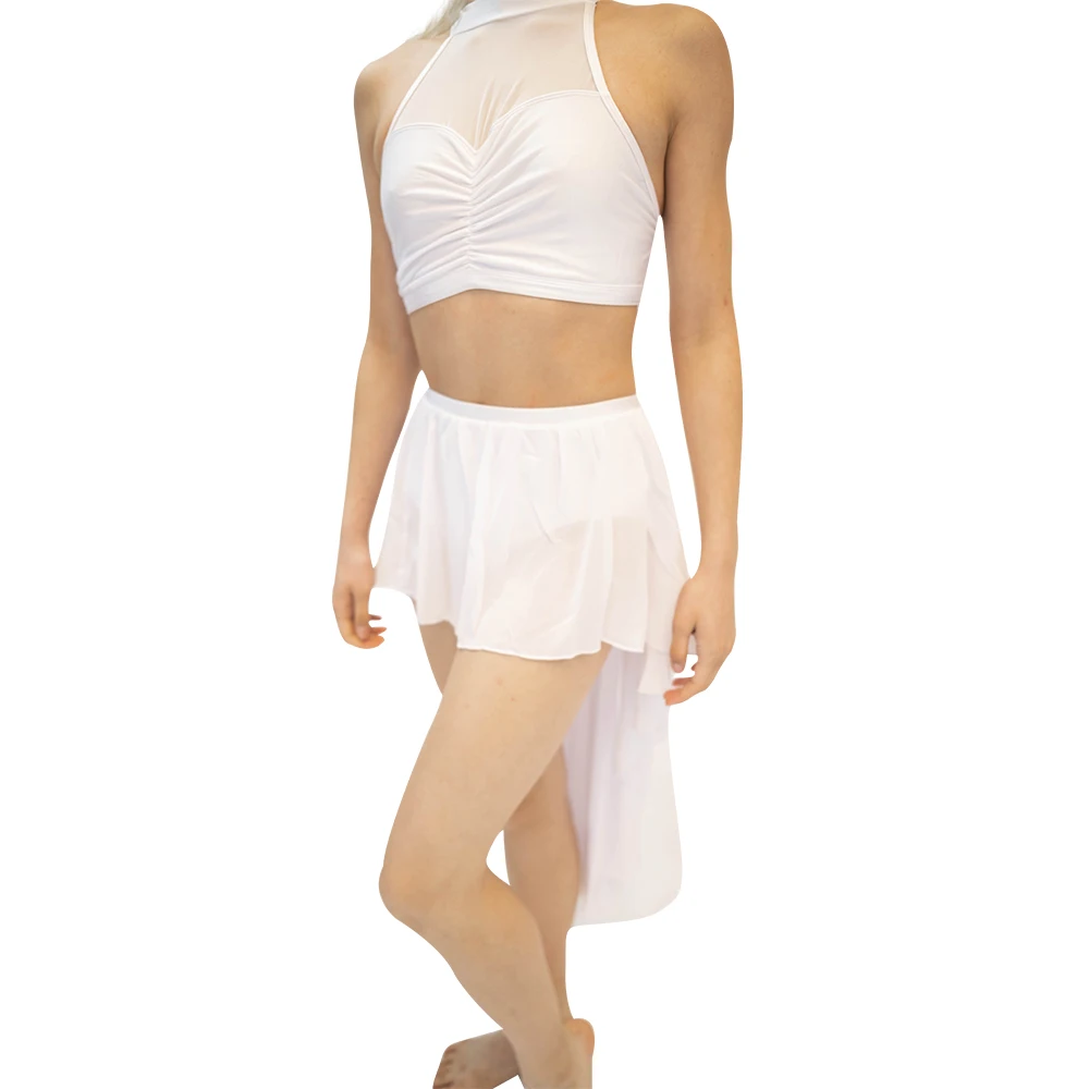 White NylonLycra Mesh Dance Crop Top Chiffon Uneven Skirts Performance Dance Costume for Ladies and Girls 13 Sizes