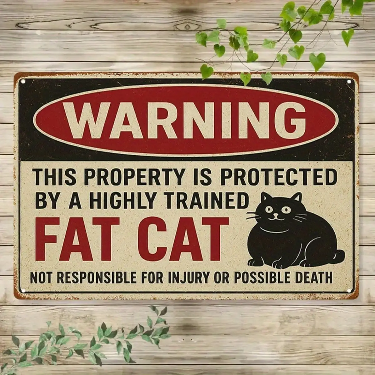 قطعة واحدة من لافتة القصدير تحذيرية روح الدعابة محمية من قبل قطة الدهون - ديكور المنزل/المكتب، تصميم قديم، 8 × 12 بوصة / 20 × 30 سم