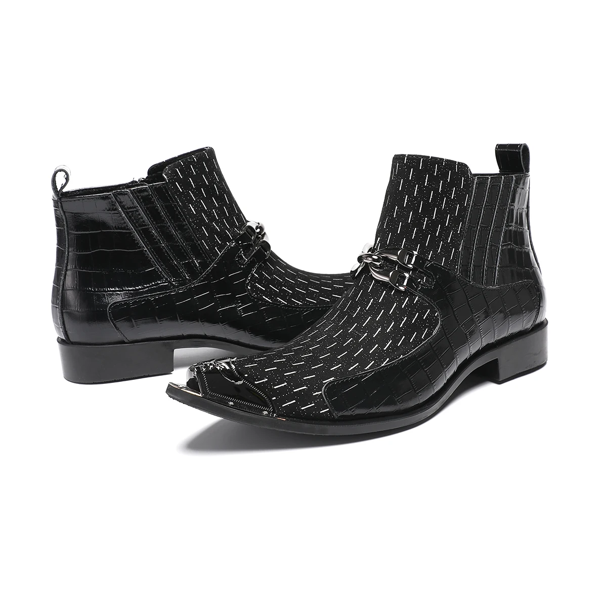 

British Metal Pointed Toe Genuine Leather Male Ankle Boots Big Size Zipper Motorcycle Short Boots Men Business Party Dress Shoes