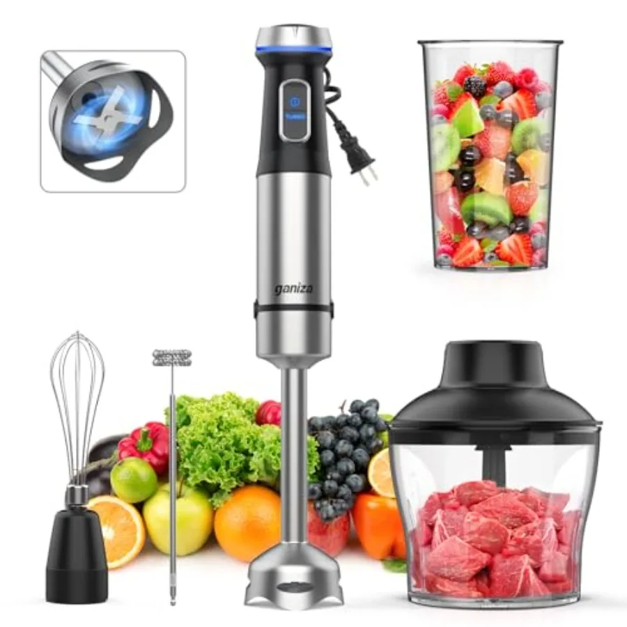 

5 in 1 Immersion Blender with 1000W Heavy Duty Motor Stainless Steel Blade 16 Speed Settings 800ml Mixing Beaker 600ml Chopper