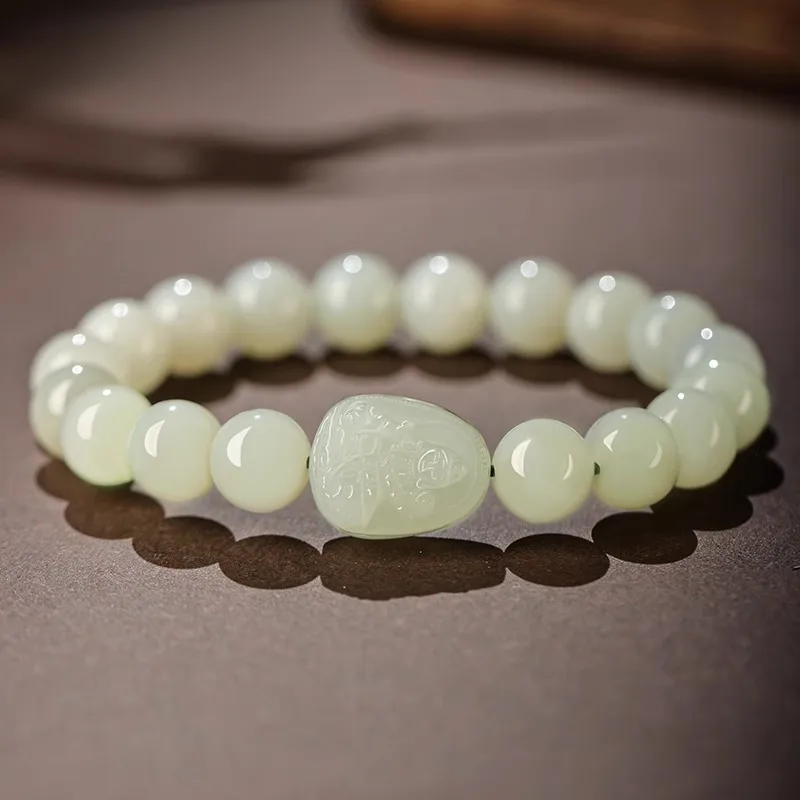 High-End Natural Hetian Bracelet, Women'S Style, Featuring A Jade Buddha Charm Representing The Twelve Zodiac Signs, White