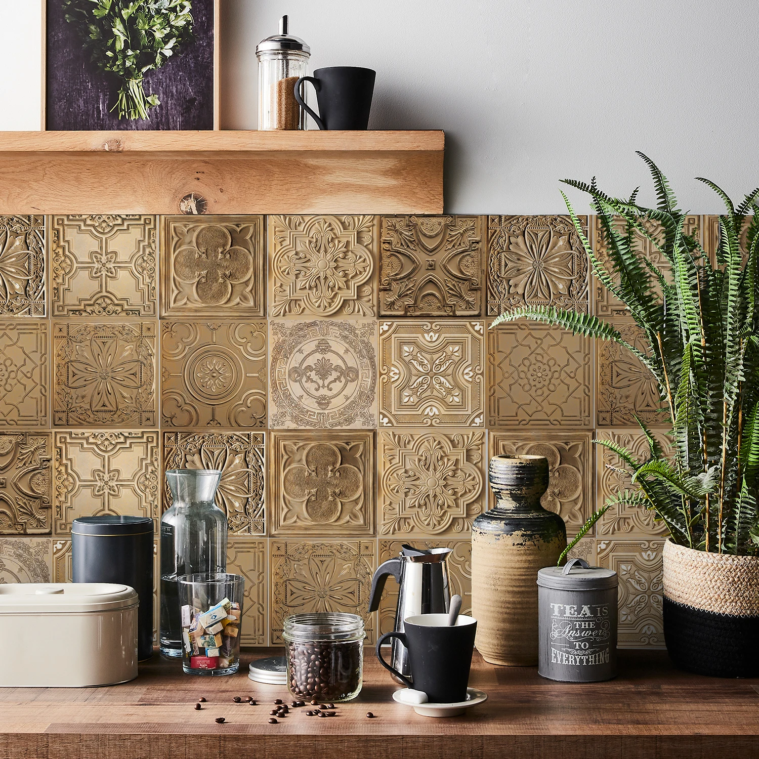 24 pcs/pack, Retro Textured Pattern PVC Self-adhesive Tile Stickers - Waterproof, Oil-Proof, Easy to Clean for Home Decoration