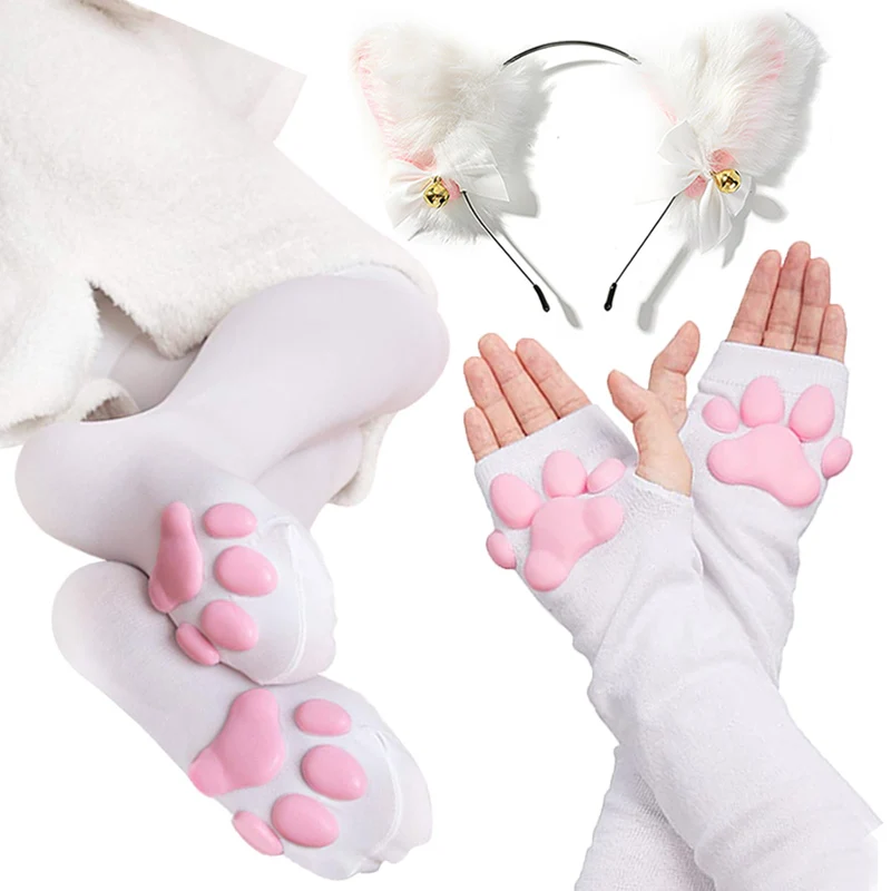 Cat Paw Thigh High Socks Golves Sleeves Cute Soft 3D Toe Beans Stocking Mittens Kitten Claw Pad Socks for Girl Women Cosplay Set