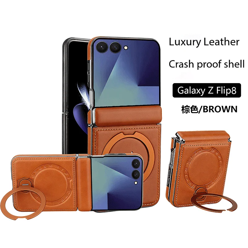 Luxury 360 Rotating Magnetic Kickstand Leather Case for Samsung Z Flip 8 7 FE 6 5 Shockproof For Magsafe Hinge Protection Cover