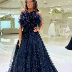 Aileen Navy Shiny A-Line Feather Luxury Elegant Evening Dresses for Women 2023 Dress Luxurious Women's Party Long Gala Saudi New