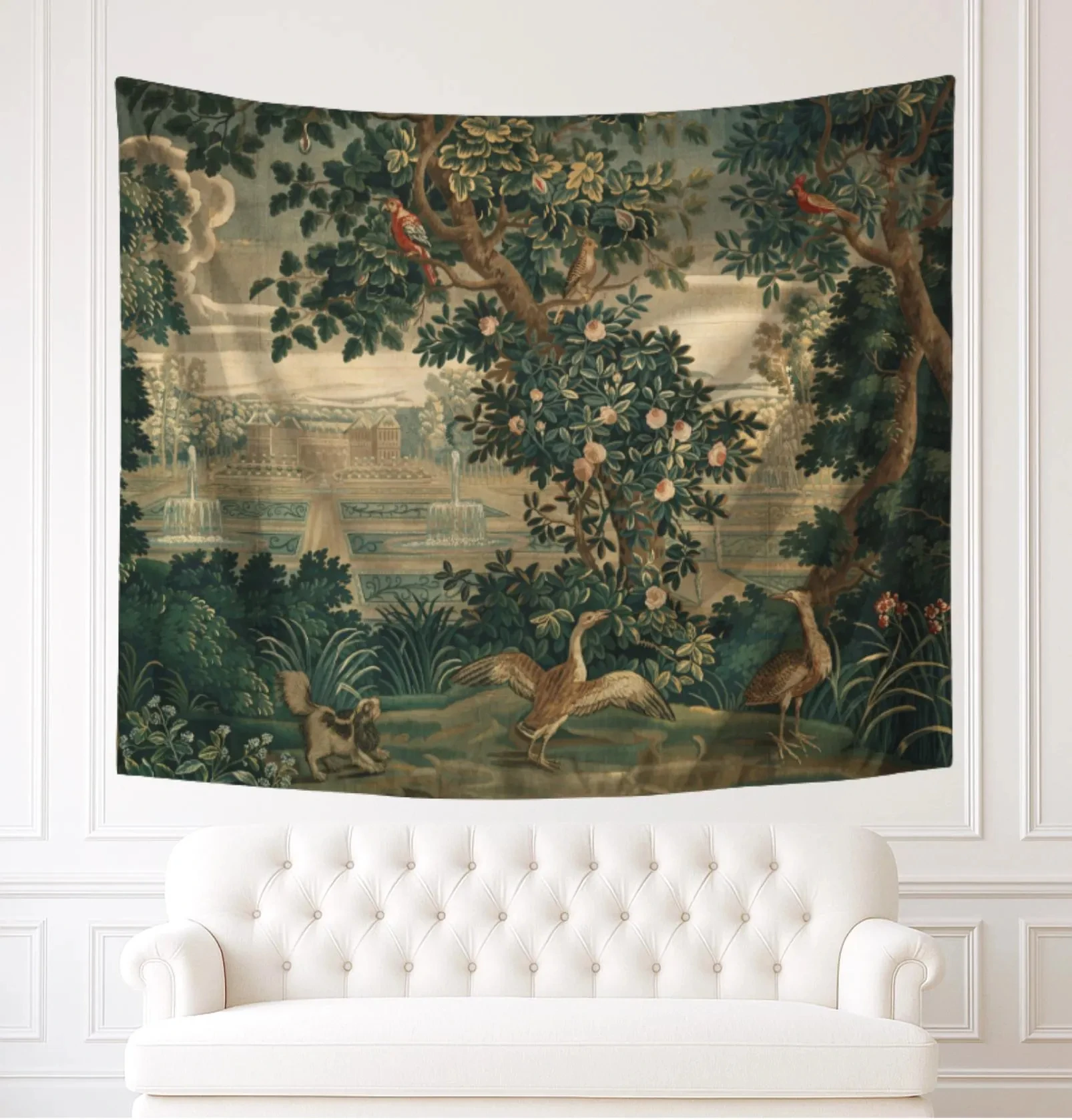 Tapiz Decorativo de Pared Estilo Chateau Francés, Reproducción de Tela Impresa, Decoración Vintage para el Hogar, Regalo Único