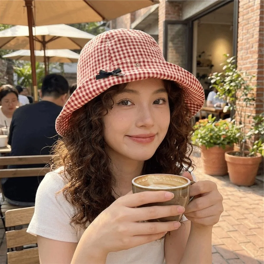 New Black Bowknot Plaid Bucket Hat Casual Versatile Wide Brim Sun Hat Gingham Check Dome Basin Fisherman Hat Travel Outdoor
