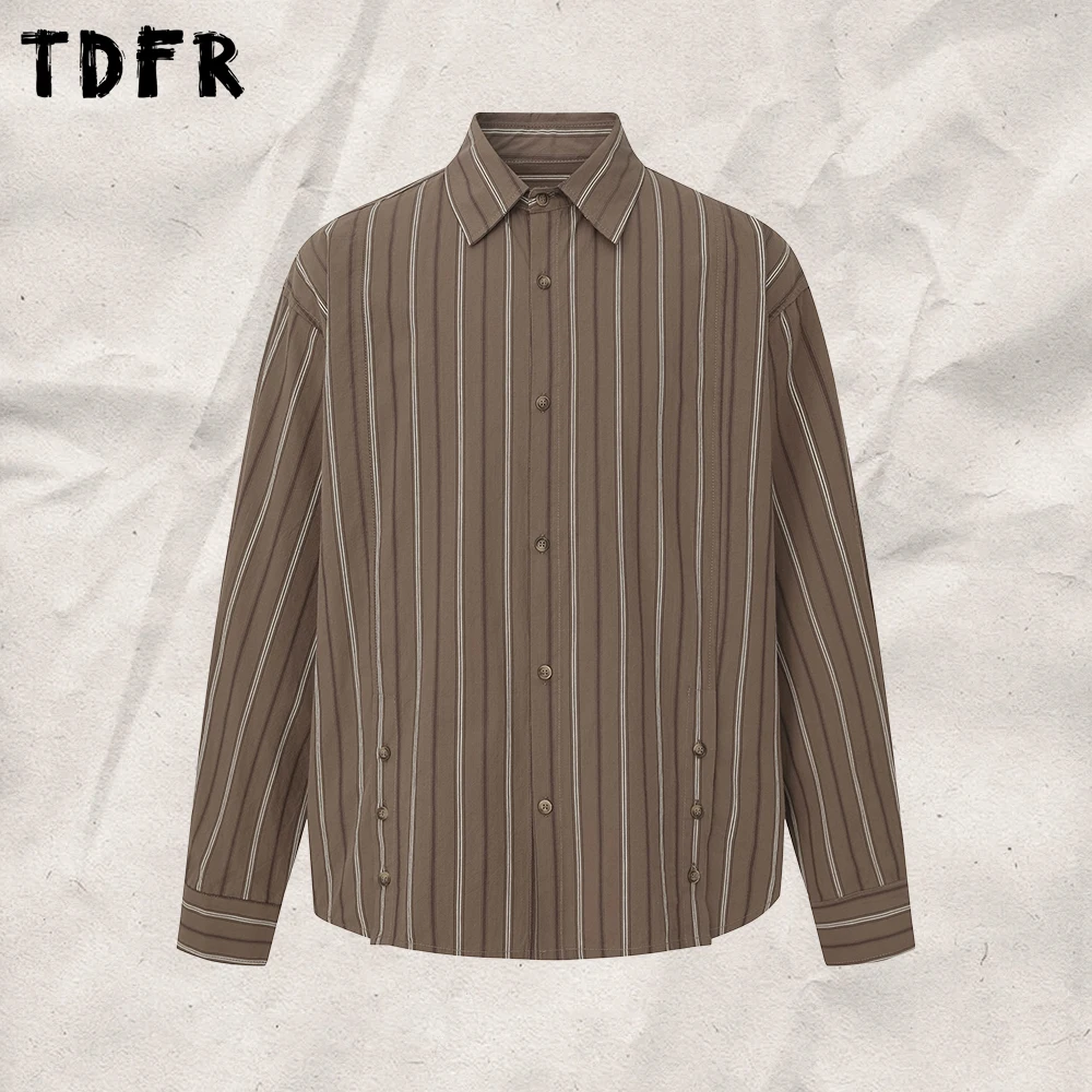 Vertical Stripes Long Sleeved Shirt Mens Autumn Lazy Loose Single Breasted Curved Hem Cotton Shirts Man