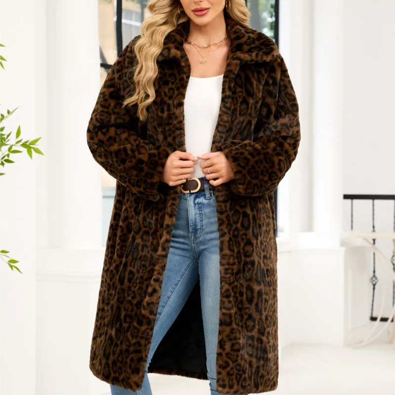 

Thicken Keep Warm Jackets Coats Fur Fluffy Leopard Long Coats Jacket Outerwear 2025 Winter Retro Womens Faux Fox Fur Overcoat