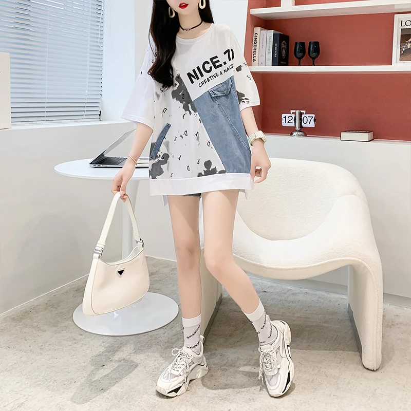 Denim Stitching T Shirts Women Design Sense Fashion Mid-length T-shirt Summer Trendy Casual Loose Oversized Short Sleeve Tshirt