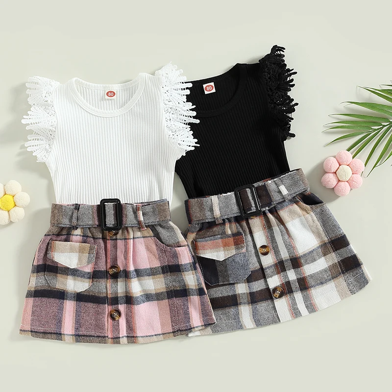 

Todder Baby Girl Clothes Summer Lace Ruffled Sleeve Ribbed T Shirt Top Mini Plaid Skirt with Belt Summer Fashion Outfit