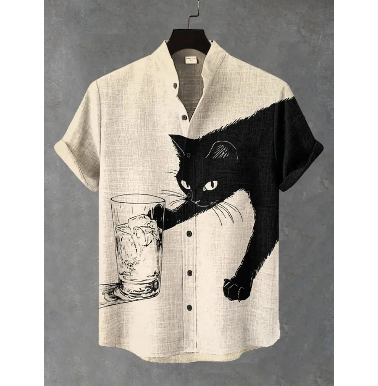 

Men's Fashionable Stand up Collar 3D Printed Retro Linen Shirt Short Sleeved Button up High-Quality Street Casual Top