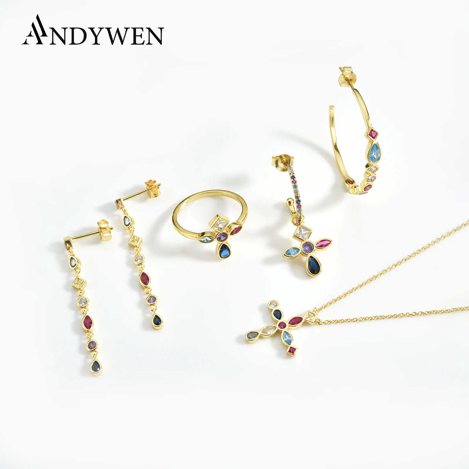 ANDYWEN 925 Sterling Silver Gold Rainbow Cross Zircon Necklace Long Chain Drop Earring 2020 Rock Punk Fashion Fine Jewelry Set