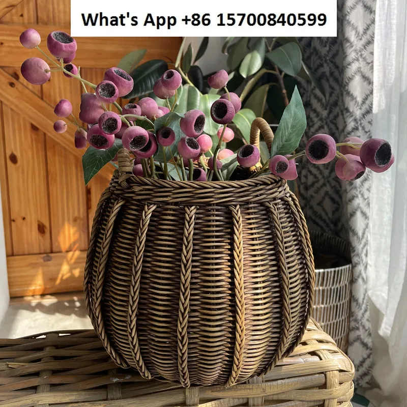 Natural rattan desktop storage basket, retro dark flower basket ornament