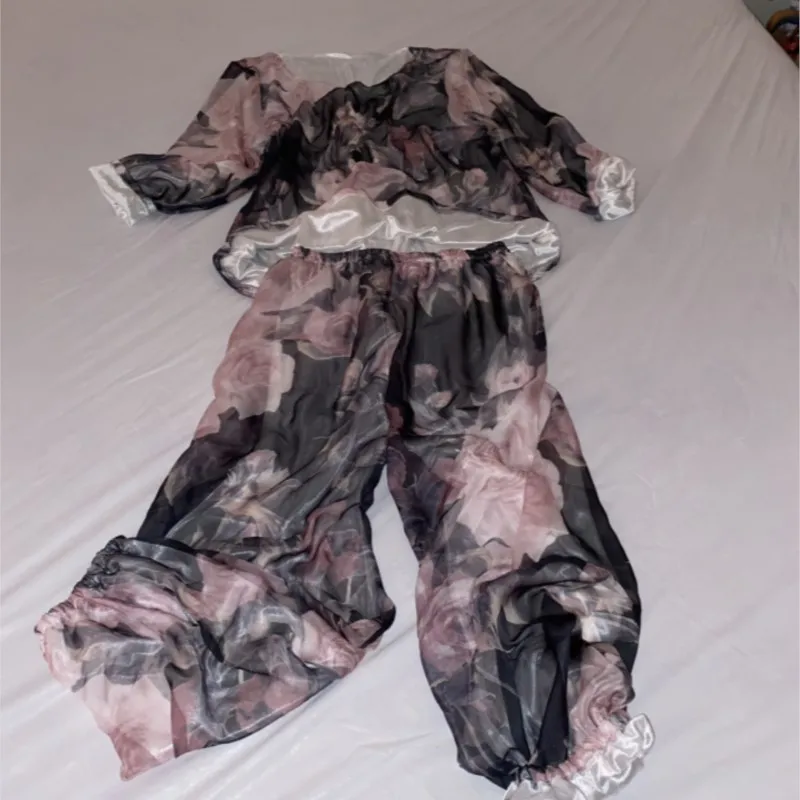 Double-layer Thin Plus Size Couple's Two-piece Set Ice Silk Lining Top Pants Floral Long Sleeve Glossy Loose Home Clothes