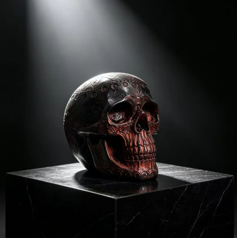 Mayan Tribal Engraved Skull Resin Statue Antique Black Red Finish Gothic Table Ornament Home Altar Halloween Decoration