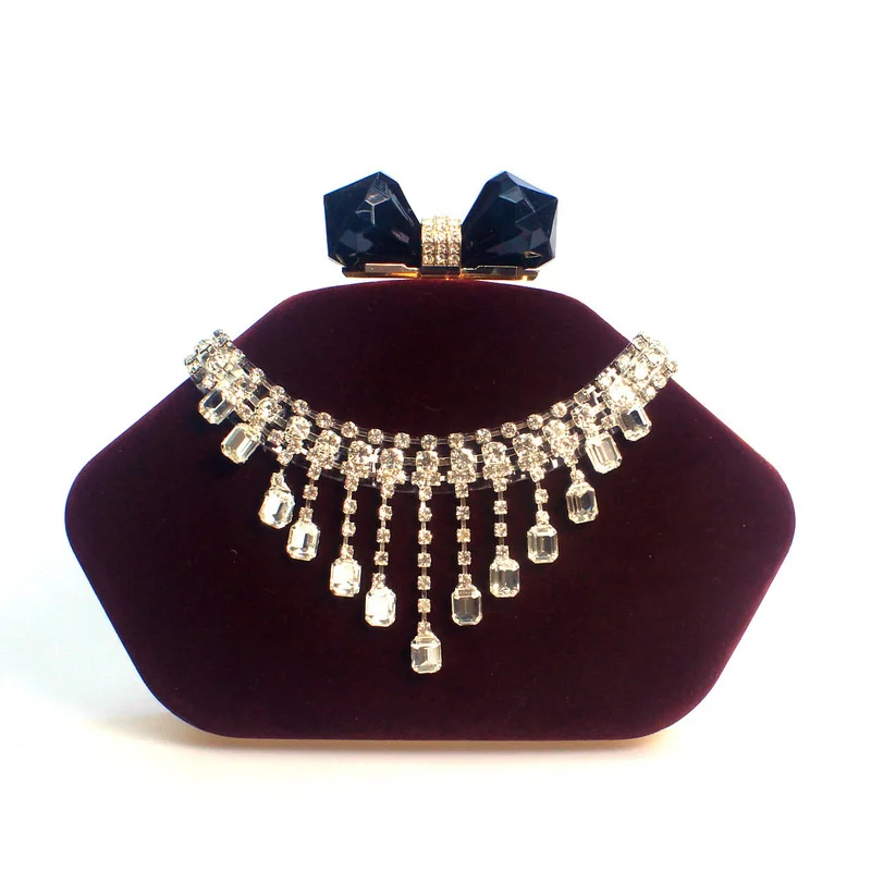Luxury Hot Pink Velvet Clutch Bag Women Crystal Tassel Bow Evening Purse for Wedding Cocktail Party Princess Style Handbags