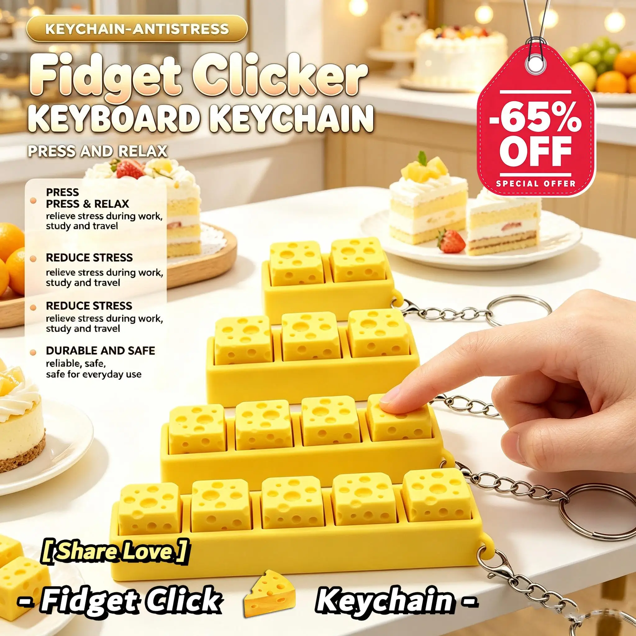 3D Printed Cheese Keychain Keyboard Clicker Fidget Toy Stress Relief Cheese Keycap Pendant Keyring New Year Christmas Gift