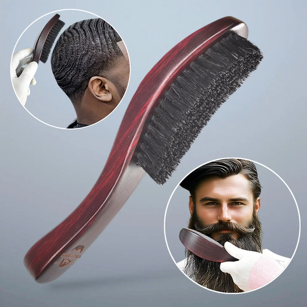 แปรงหวีผมและเครา Gracemen 360 Wave Brush ด้ามไม้โค้ง ขนแปรงไนลอนผสมขนหมูป่า ความแข็งปานกลาง สำหรับผู้ชาย
