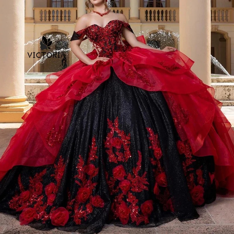 

Customized Contrast Color Quinceanera Dresses Handmade Flower Big Bow Tie Vestidos De Quinceañera Sequin Sweet 15 Prom Gown