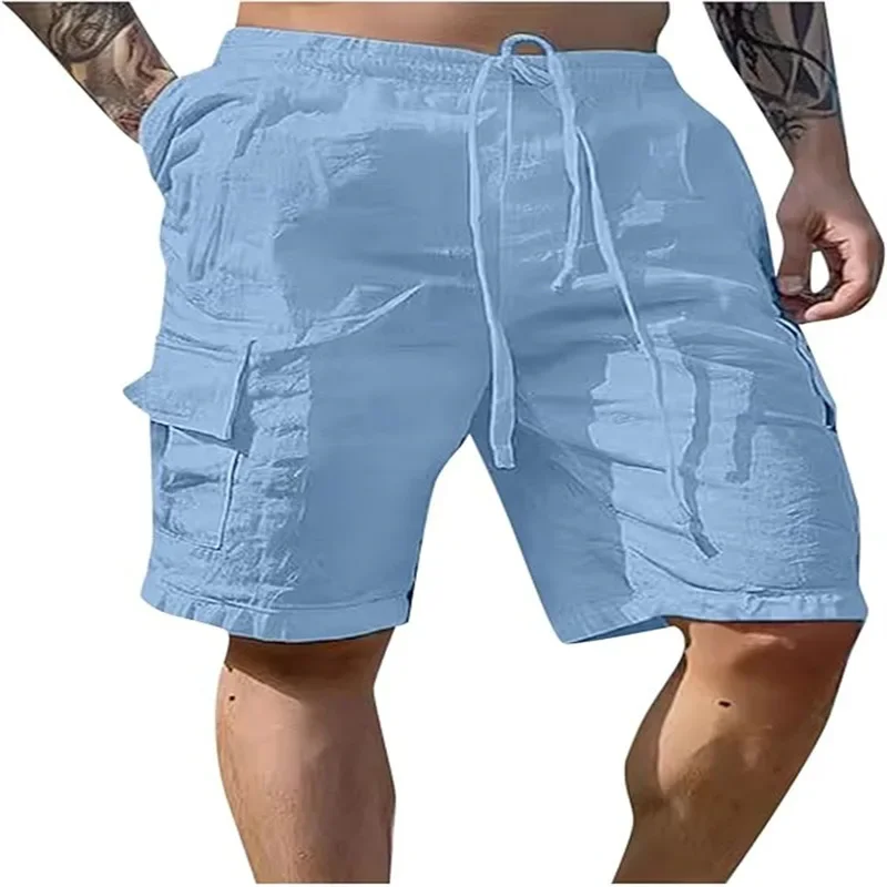 Men's loose outdoor breathable shorts made of cotton and linen with drawstrings and multiple pockets in workwear style.