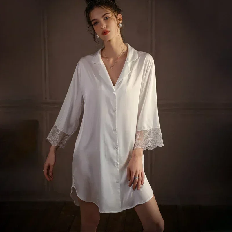

Erotic Outfits Spring and Summer Thin Boyfriend Wind Pajamas Ice Silk Long Sleeve Comfortable Shirt Nightdress Set Sleep Shirts