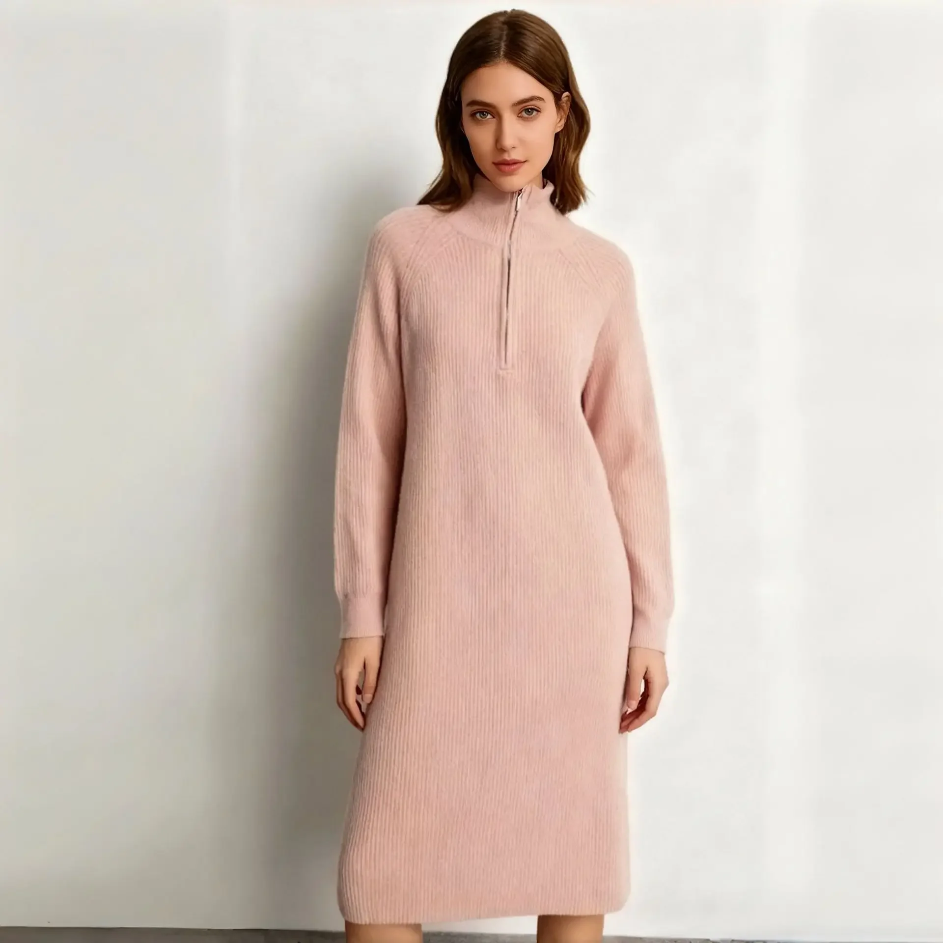 

Winter New Arrival Cashmere Blend Casual Dress Long Knitted Dress Korean Style Loose Fit Over-Knee Lazy Style French Style