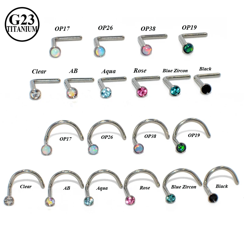 1Piece G23 Titanium Opal CZ Gem Screw Nose Studs Piercing L Shape Nose Nail Pin Stud Fashion Piercing Jewelry 20G